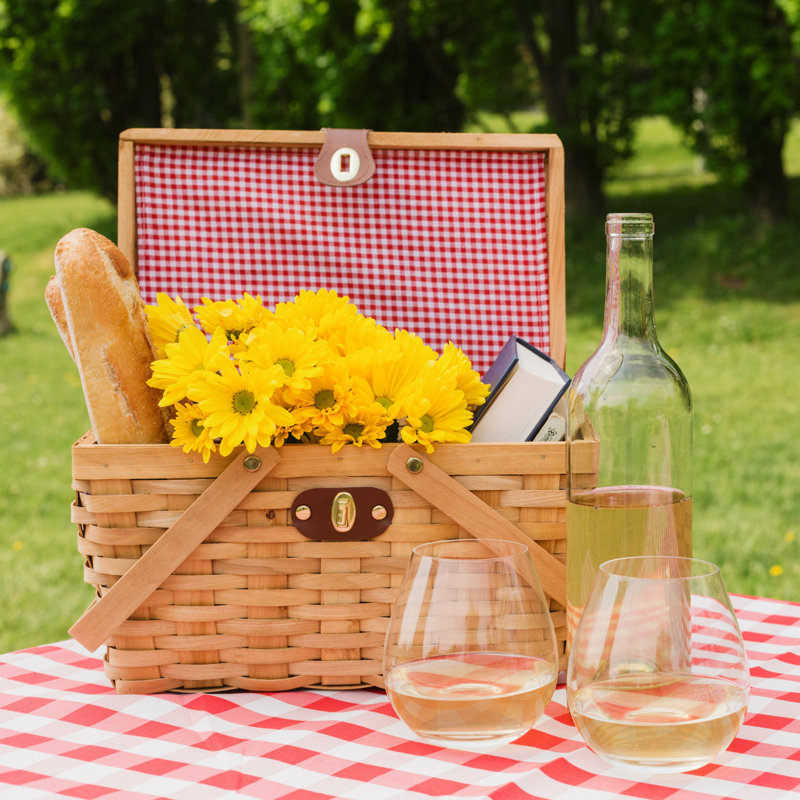 August Grove® Gingham Lined Woodchip Picnic Basket, Service for 2 Wayfair